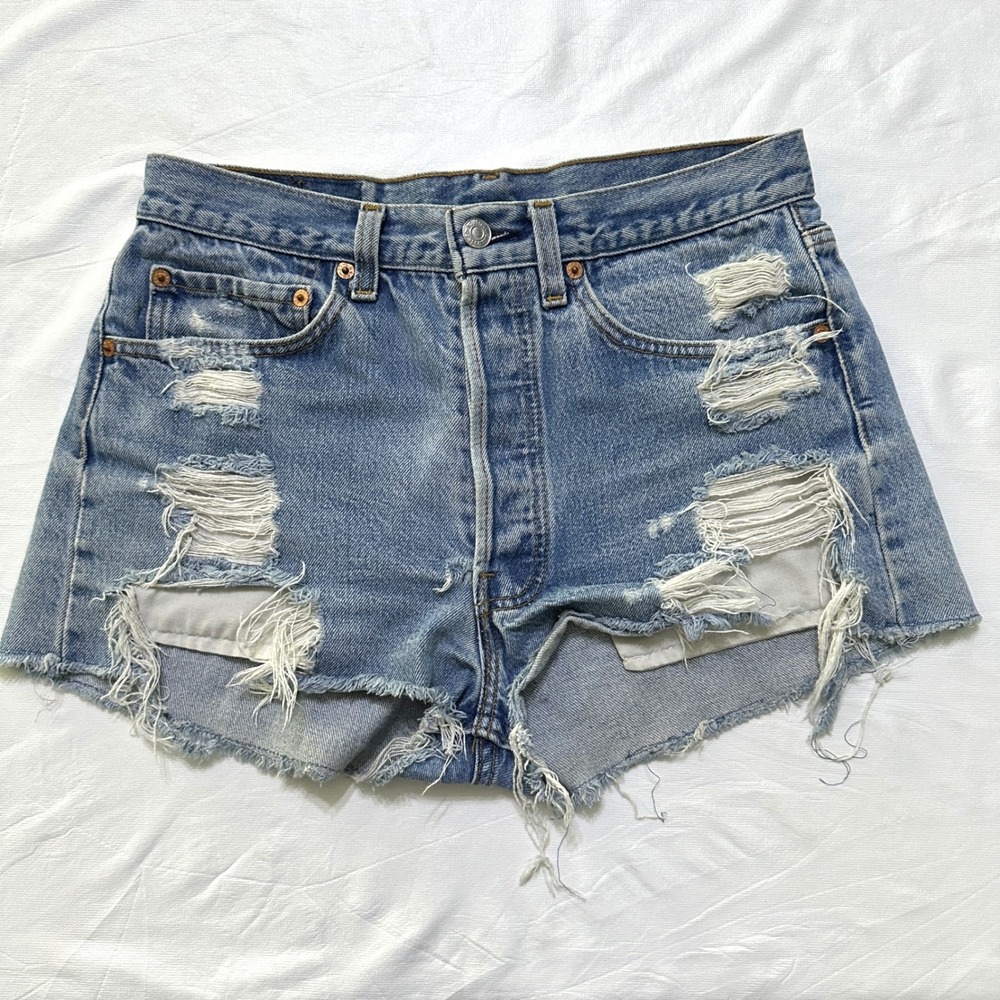 VTG Levis 501 USA Cut Off Denim Shorts W31 Thrashed Distressed Grunge Button Fly